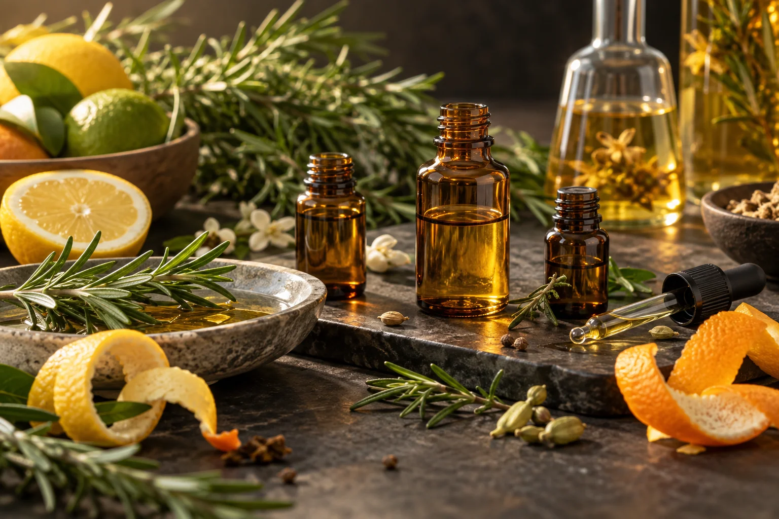 Ätherische Öle und aromatische Pflanzenstoffe in Glasfläschchen