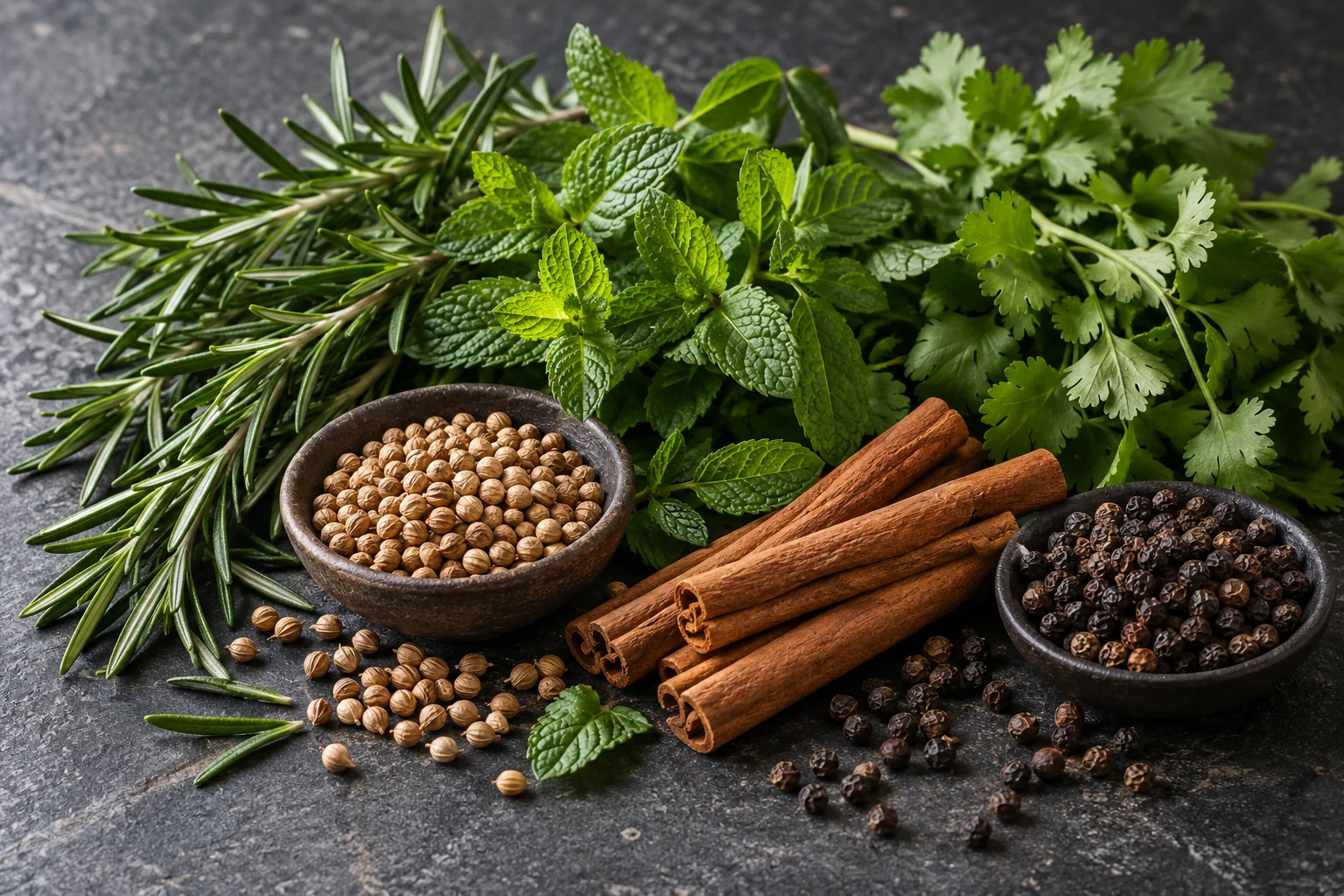 Frische Kräuter und ganze Gewürze